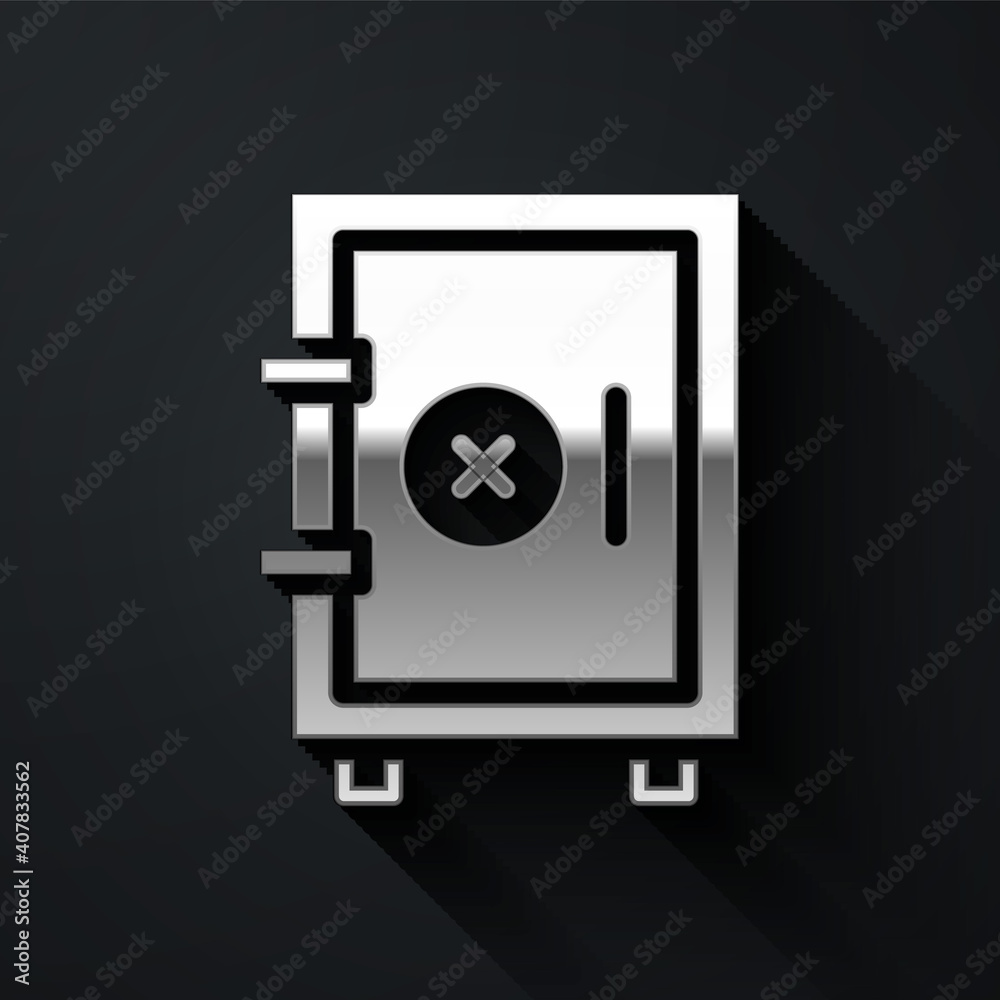 Silver Safe icon isolated on black background. The door safe a bank vault with a combination lock. Reliable Data Protection. Long shadow style. Vector. Silver Safe icon isolated on black background. The door safe a bank vault with a combination lock. Reliable Data Protection. Long shadow style. Vector.