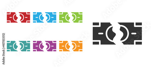 Black Tearing apart money banknote into two peaces icon isolated on white background. Set icons colorful. Vector.