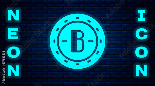 Glowing neon Cryptocurrency coin Bitcoin icon isolated on brick wall background. Physical bit coin. Blockchain based secure crypto currency. Vector.