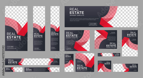 Real Estate web banner design template Set. Vertical, Horizontal and Square banners with standard size and place for photos. Vector design EPS