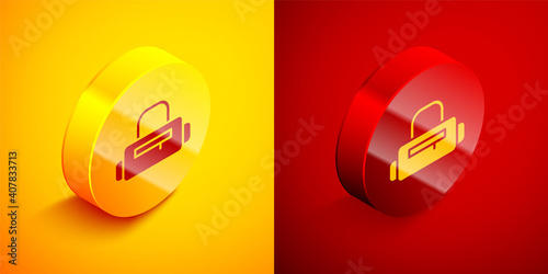 Isometric Sport bag icon isolated on orange and red background. Circle button. Vector.