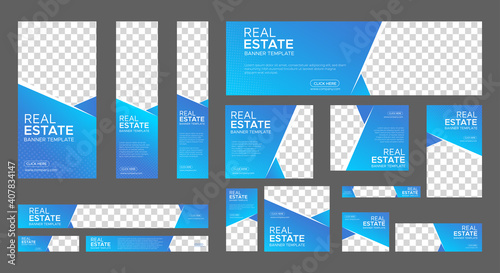Real Estate web banner design template Set. Vertical, Horizontal and Square banners with standard size and place for photos. Vector design EPS