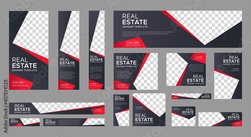 Real Estate web banner design template Set. Vertical, Horizontal and Square banners with standard size and place for photos. Vector design EPS