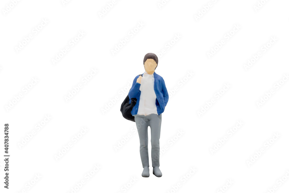 Miniature people traveller standing isolated on white background with clipping path Miniature people traveller standing isolated on white background with clipping path