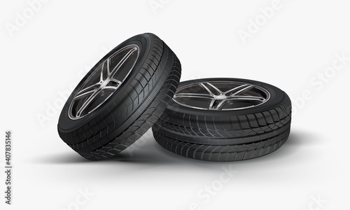 A stack of summer and winter tires. Tires service. Car tire set. Replacement tires for the season. Tire and wheel of automobile wheel on a white background. Service stack.