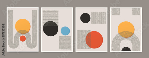 Set of abstract hand painted mid century posters with geometric color shapes. Composition design for wall decoration, cover, social media, brochure design, branding, print.