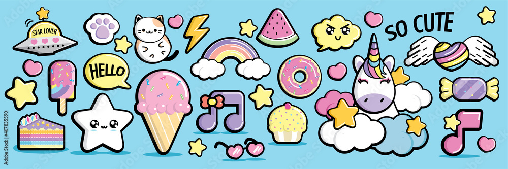 Fototapeta premium Kawaii elements in pastel color style vector set.