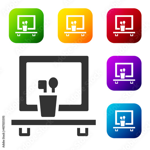 Black Washbasin mirror icon isolated on white background. Bathroom interior with a mirror. Set icons in color square buttons. Vector.