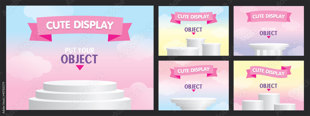 Sweet pastel gradient color background with 3D illustration white product stage and pink ribbon sign vector set.