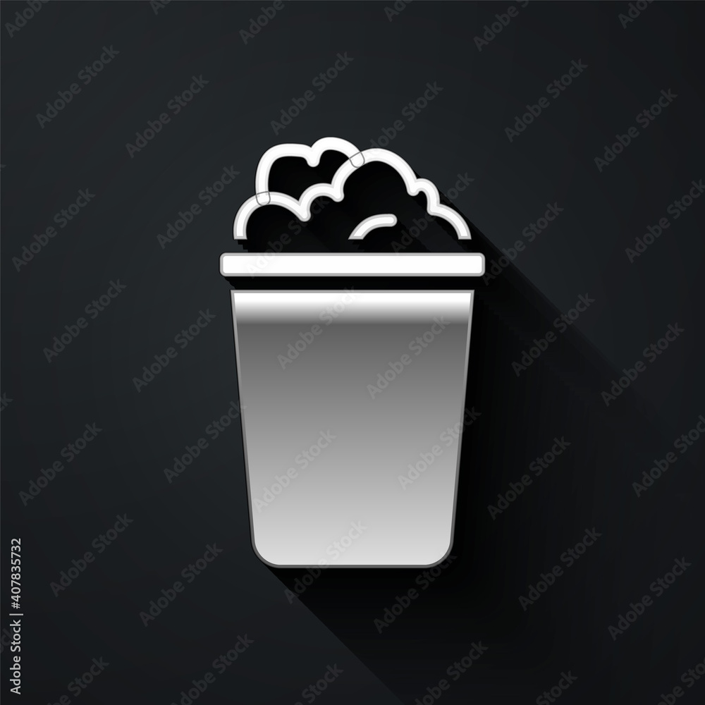 Silver Bucket with soap suds icon isolated on black background. Bowl with water. Washing clothes, cleaning equipment. Long shadow style. Vector.