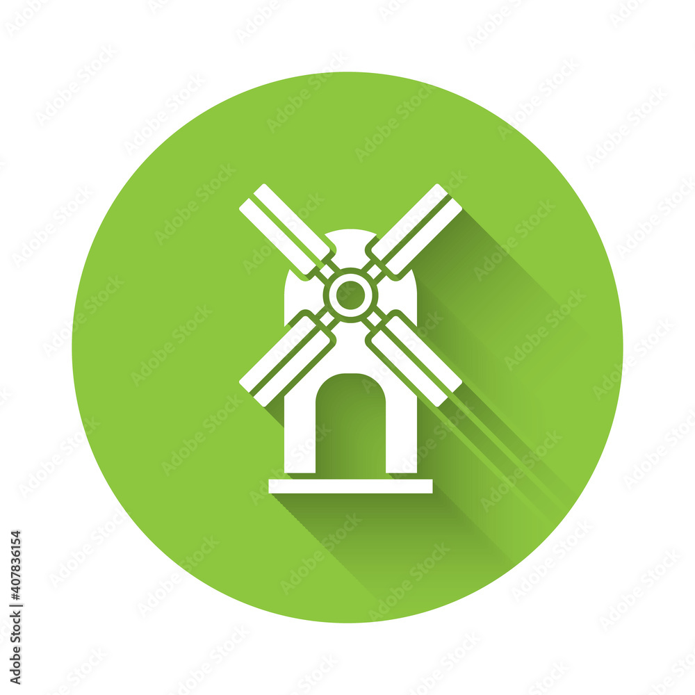 White Wind turbine icon isolated with long shadow. Wind generator sign. Windmill for electric power production. Green circle button. Vector. White Wind turbine icon isolated with long shadow. Wind generator sign. Windmill for electric power production. Green circle button. Vector.