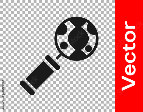 Black DNA research, search icon isolated on transparent background. Magnifying glass and dna chain. Genetic engineering, cloning, paternity testing. Vector.