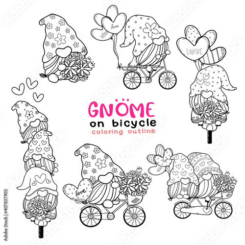 Cute Valentine Gnome coloring outline collection, Sweet valentine digital stamp set, Gnome cartoon doodle drawing set