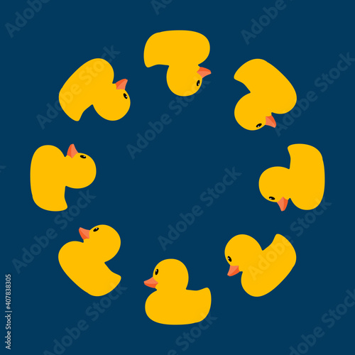 yellow duck round frame vector illustration on blue background