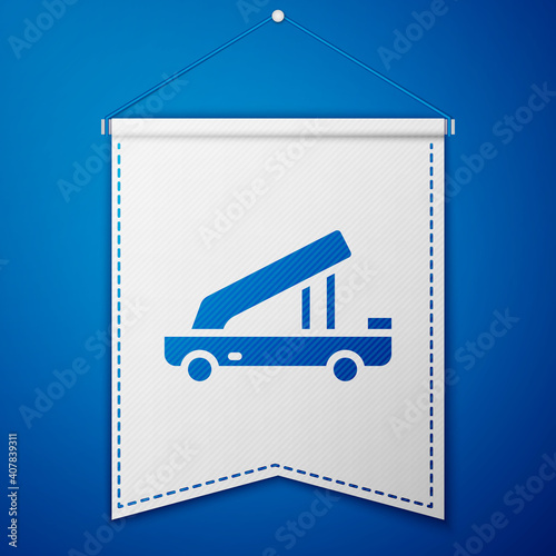 Blue Passenger ladder for plane boarding icon isolated on blue background. Airport stair travel. White pennant template. Vector.