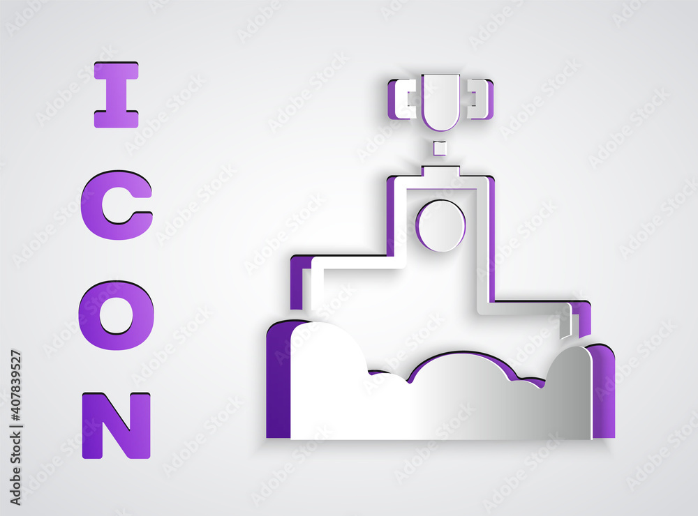 Paper cut Award over sports winner podium icon isolated on grey background. Paper art style. Vector. Paper cut Award over sports winner podium icon isolated on grey background. Paper art style. Vector.
