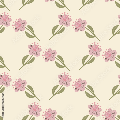 Pastel seamless tender pattern with lilac flower silhouettes print. Light background. Doodle hand drawn artwork.