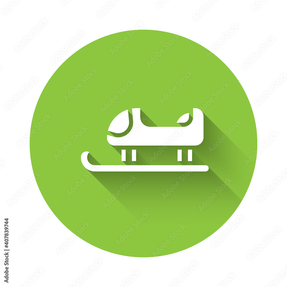 White Sled icon isolated with long shadow. Winter mode of transport. Green circle button. Vector. White Sled icon isolated with long shadow. Winter mode of transport. Green circle button. Vector.