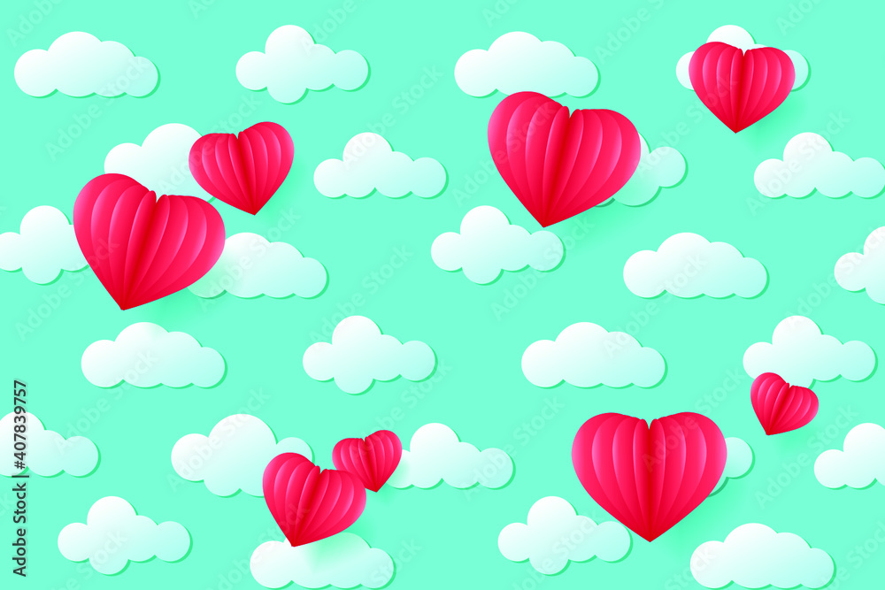 Flying hearts. Blue sky, white clouds and voluminous red hearts. Holiday background for Valentine's day, Wedding, Mother's Day.