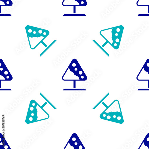 Blue Road sign avalanches icon isolated seamless pattern on white background. Snowslide or snowslip rapid flow of snow down a sloping surface. Vector.