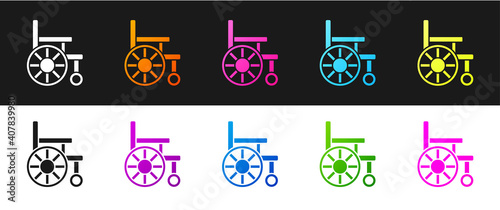 Set Wheelchair for disabled person icon isolated on black and white background. Vector.
