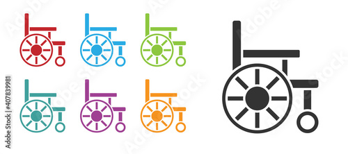 Black Wheelchair for disabled person icon isolated on white background. Set icons colorful. Vector.