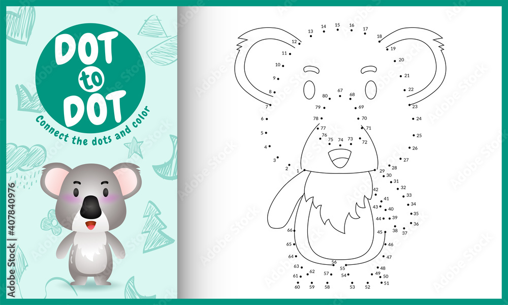 Connect the dots kids game and coloring page with a cute koala character illustration