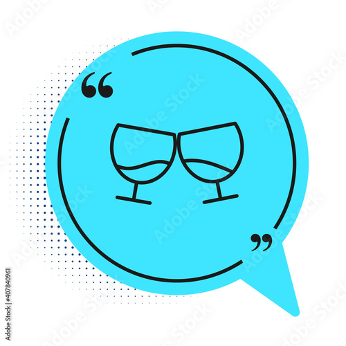 Black line Glass of cognac or brandy icon isolated on white background. Blue speech bubble symbol. Vector Illustration.