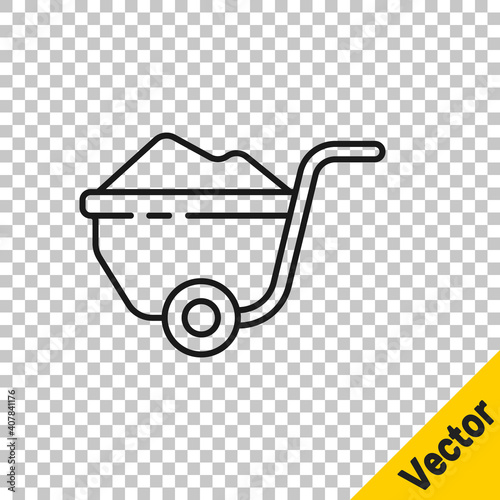 Black line Wheelbarrow with dirt icon isolated on transparent background. Tool equipment. Agriculture cart wheel farm. Vector Illustration.