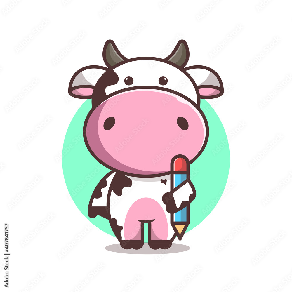 cute cow carrying pencil, cartoon, vector eps 10