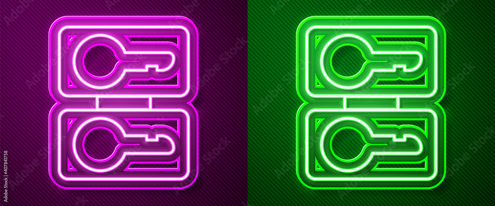 Glowing neon line Metal mold plates for casting keys icon isolated on purple and green background. Set for mass production and forgery of the keys. Vector Illustration. Glowing neon line Metal mold plates for casting keys icon isolated on purple and green background. Set for mass production and forgery of the keys. Vector Illustration.