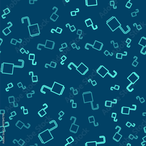 Green line Open padlock icon isolated seamless pattern on blue background. Opened lock sign. Cyber security concept. Digital data protection. Vector Illustration.