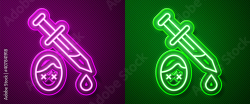 Glowing neon line Sword with blood icon isolated on purple and green background. Medieval weapons knight and soldier. Symbol of murder. Vector.