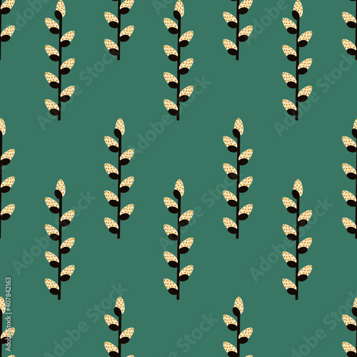 Pussy willow catkins on spearmint colour background seamless pattern
