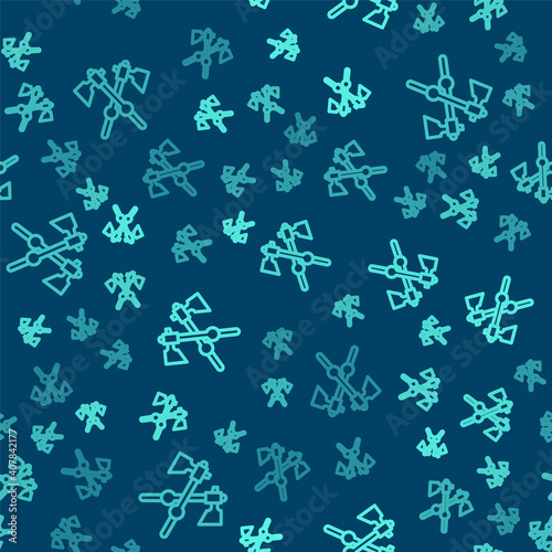 Green line Crossed medieval axes icon isolated seamless pattern on blue background. Battle axe, executioner axe. Medieval weapon. Vector.