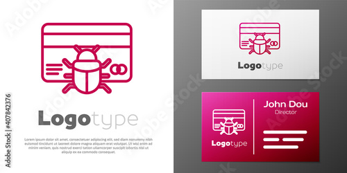 Logotype line System bug in credit card icon isolated on white background. Code bug concept. Bug in the system. Bug searching. Logo design template element. Vector.