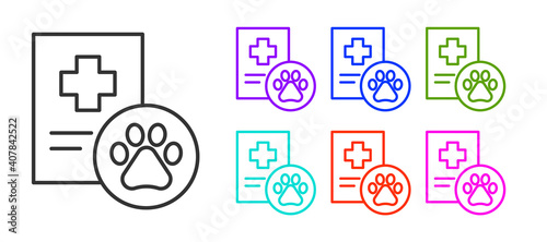 Black line Clipboard with medical clinical record pet icon isolated on white background. Health insurance form. Medical check marks report. Set icons colorful. Vector.