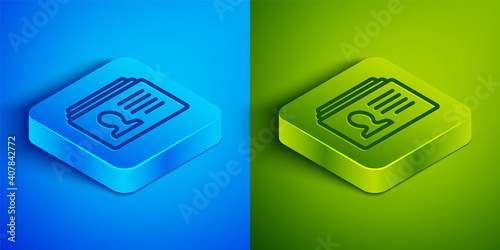 Isometric line Resume icon isolated on blue and green background. CV application. Searching professional staff. Analyzing personnel resume. Square button. Vector.