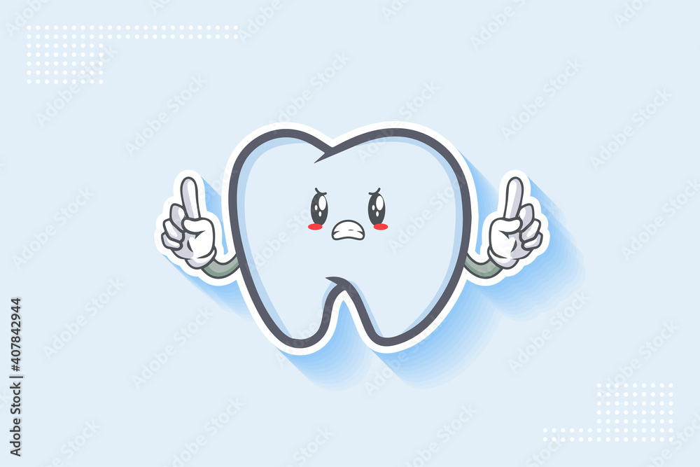 ANGRY, MAD, BAD MOOD Face Emotion. Double forefinger Hand Gesture. Tooth Cartoon Drawing Mascot Illustration.