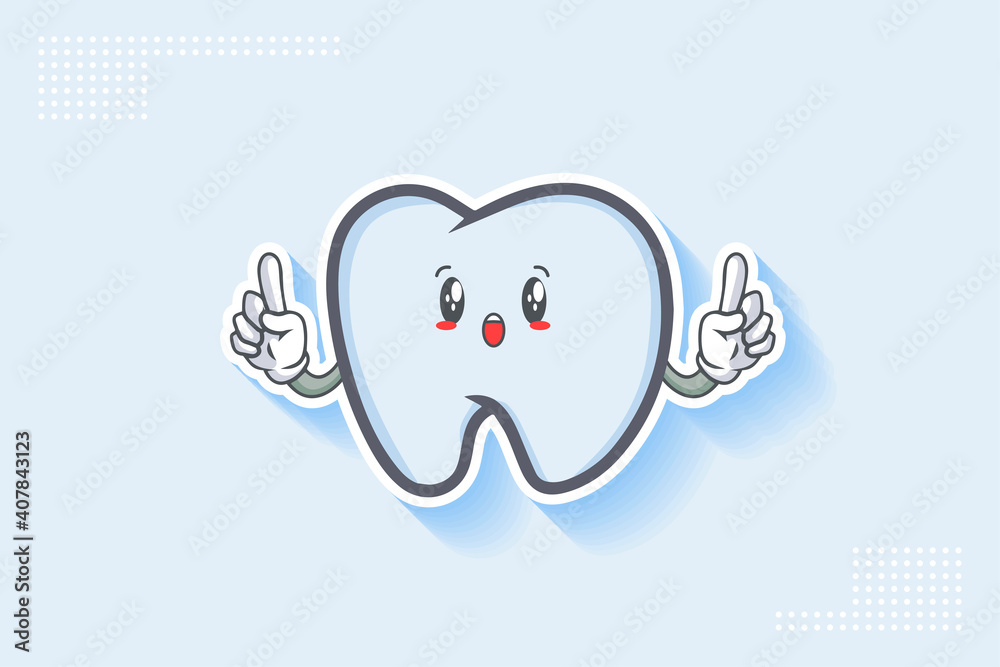 WOW, SURPRISED, AMAZED, DISMAY Face Emotion. Double forefinger Hand Gesture. Tooth Cartoon Drawing Mascot Illustration.
