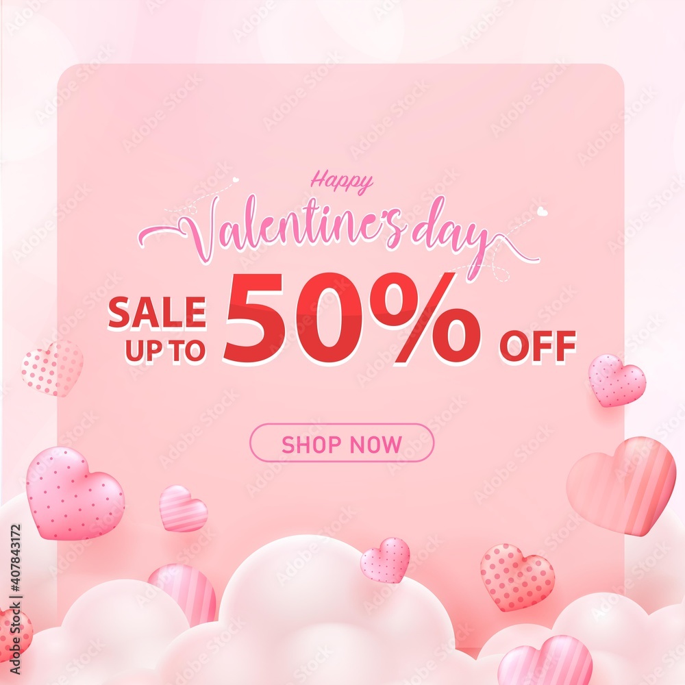 Happy valentine's day greeting poster or banner sale 50% off. promotion and shopping template, 3D sweet hearts on pink background.