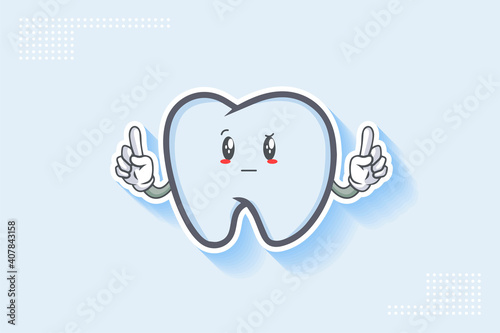 REALLY, ATTENTIVE, CURIOS Face Emotion. Double forefinger Hand Gesture. Tooth Cartoon Drawing Mascot Illustration.