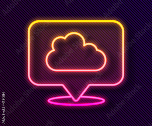 Glowing neon line Location cloud icon isolated on black background. Vector.