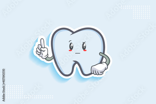 REALLY, ATTENTIVE, CURIOS Face Emotion. Forefinger Hand Gesture. Tooth Cartoon Drawing Mascot Illustration.