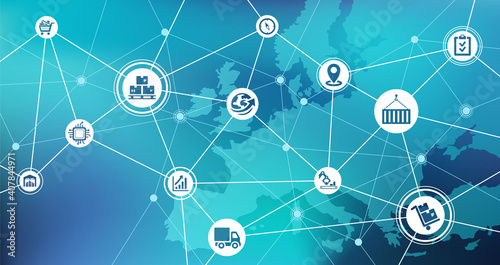 European trade and logistics vector illustration. Concept with map of Europe and icons related to import / export; connected shipping, freight and supply chain; cargo network, transportation.