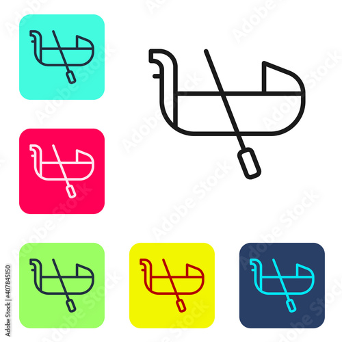 Black line Gondola boat italy venice icon isolated on white background. Tourism rowing transport romantic. Set icons in color square buttons. Vector.
