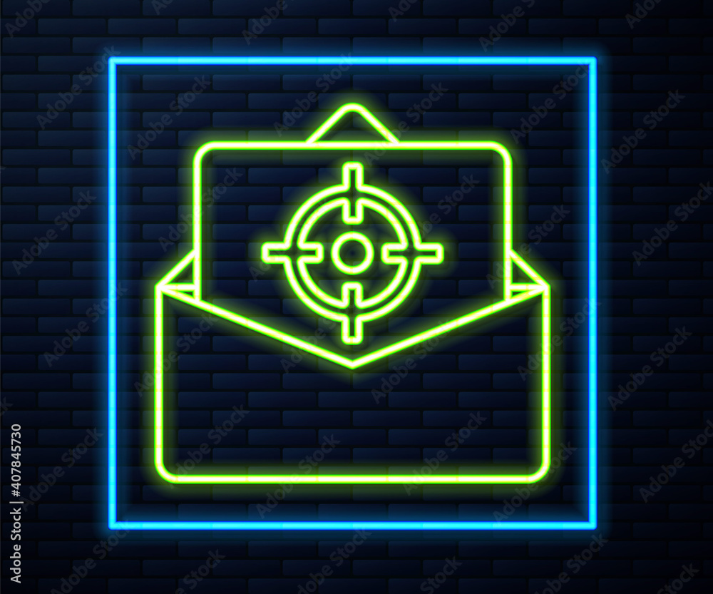 Glowing neon line Mail and e-mail icon isolated on brick wall background. Envelope symbol e-mail. Email message sign. Vector. Glowing neon line Mail and e-mail icon isolated on brick wall background. Envelope symbol e-mail. Email message sign. Vector.