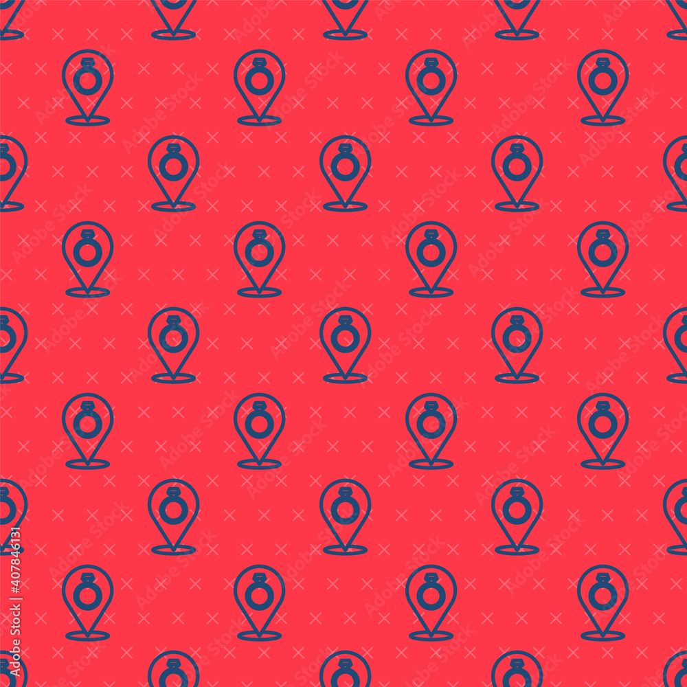 Blue line Wedding rings icon isolated seamless pattern on red background. Bride and groom jewelry sign. Marriage symbol. Diamond ring. Vector. Blue line Wedding rings icon isolated seamless pattern on red background. Bride and groom jewelry sign. Marriage symbol. Diamond ring. Vector.