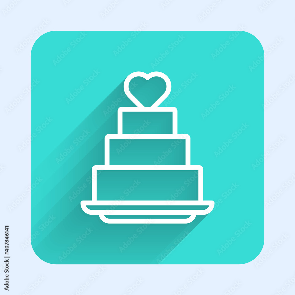 White line Wedding cake with heart icon isolated with long shadow. Green square button. Vector. White line Wedding cake with heart icon isolated with long shadow. Green square button. Vector.
