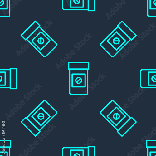 Green line Sports doping, anabolic drugs icon isolated seamless pattern on blue background. Anabolic steroids tablet. Pills in jar. Vector.